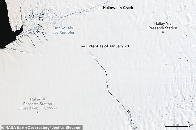 南极洲冰架裂隙延伸 或即将分离产生巨型冰川
