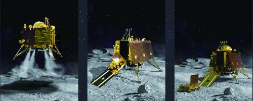 图1-3分别为着陆器月面软着陆、月球车驶出着陆器、月球车在月面巡视的模拟图。