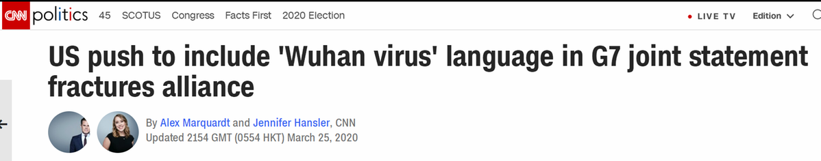 CNN3月25日报道：“美国推动将‘武汉病毒’纳入G7联合声明，促使该联盟分裂”