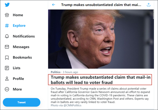 推特：特朗普未经证实地声称邮寄选票将导致选民欺诈