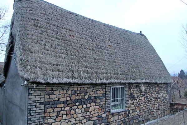 conew_高高的灰褐色海草房屋顶陪衬着红褐色石磊墙别有意味-鞠传江摄影