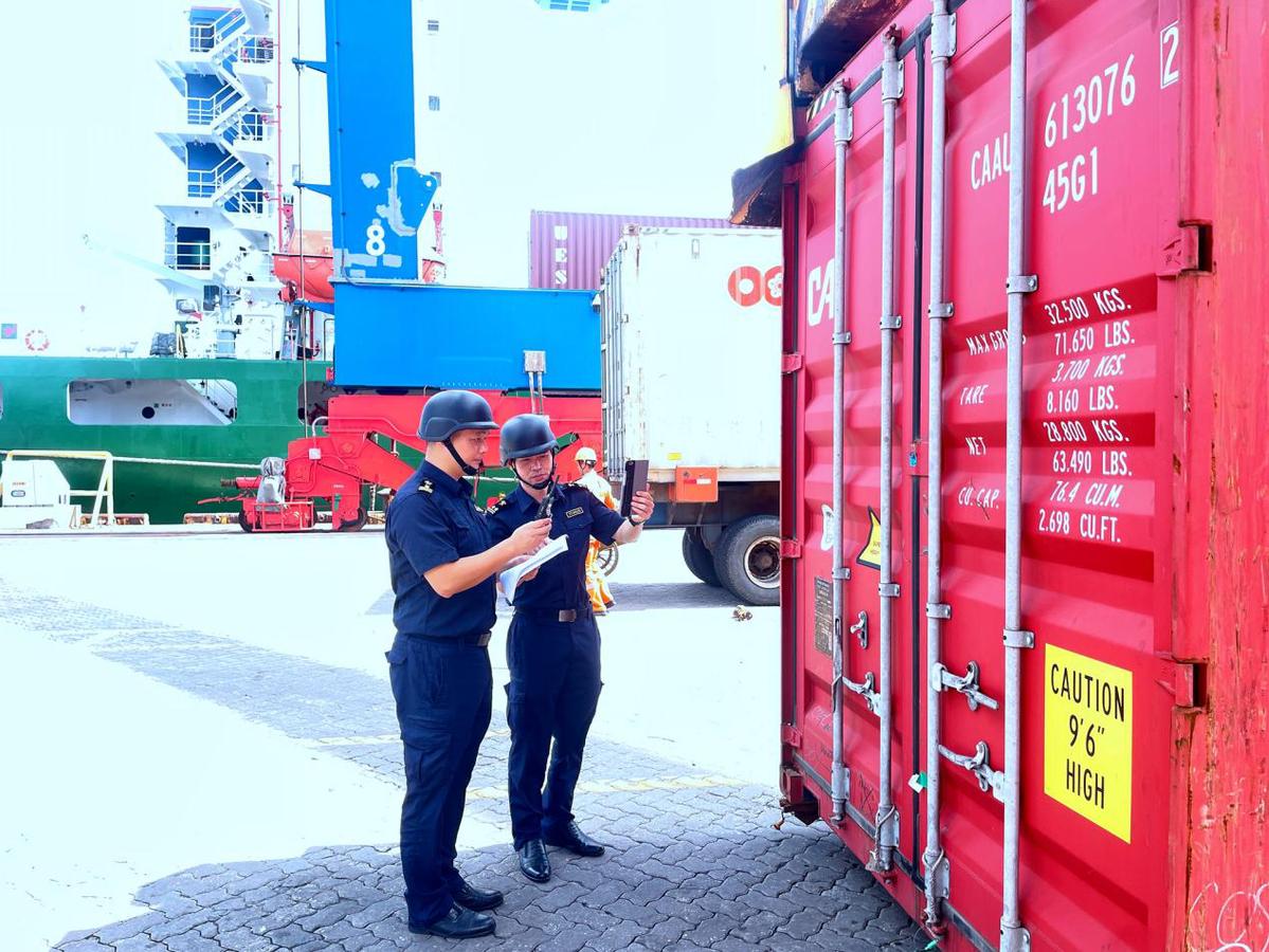 泉州海关关员现场监管首次自海南洋浦港进口转关货物（摄影：林鼎昌）