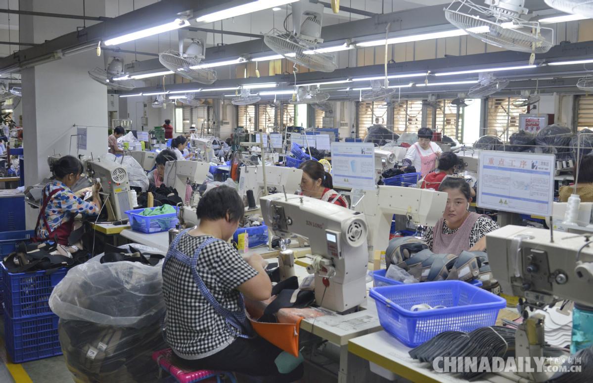 7月22日，在福建省泉州市泉港区前黄镇泉州三晟鞋服有限公司生产车间内，工人们正在开足马力生产鞋服产品。
