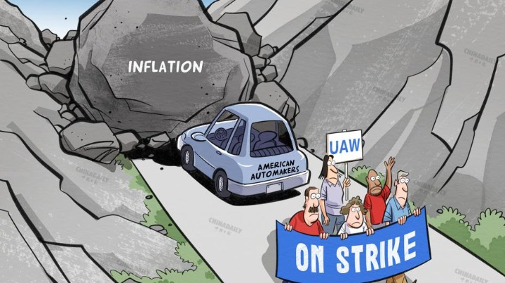 中国日报漫画：美国通胀持续严重，历史性罢工冲击美国汽车行业